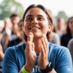 A woman is clapping in front of a crowd.